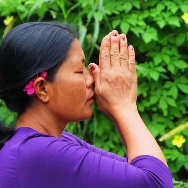 Voyage en Asie — Gros plan d'une femme balinaise en prière à Bali : geste de dévotion avec fond de feuillage tropical flou.