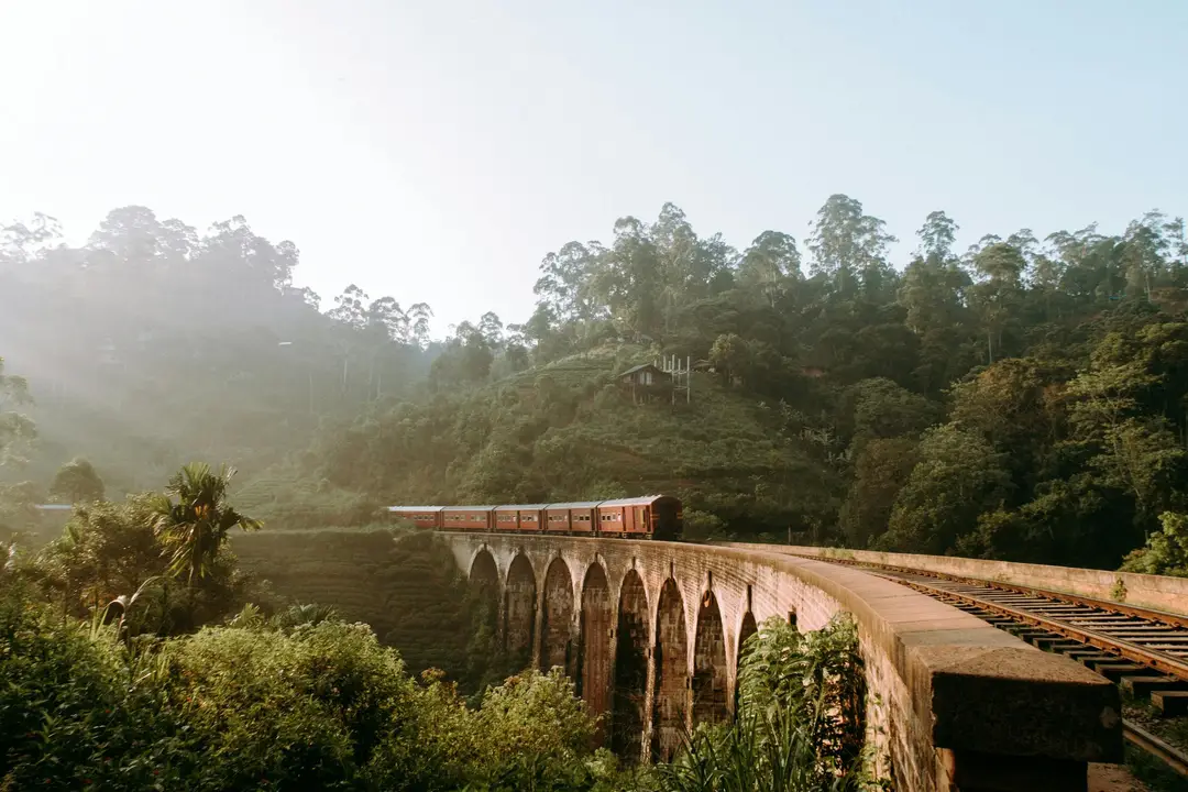 Train traversant le pont des Neuf Arches au milieu des montagnes de thé à Ella au Sri Lanka.
