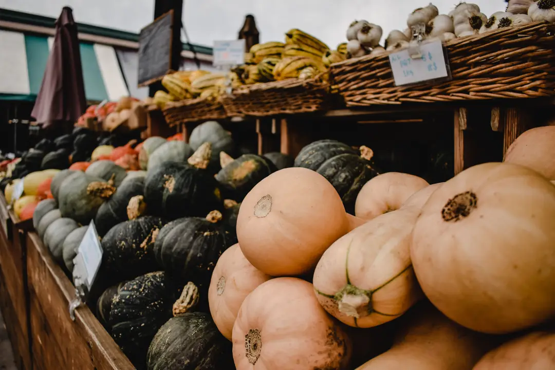Étal de marché présentant des courges, des citrouilles et de l’ail à Montréal