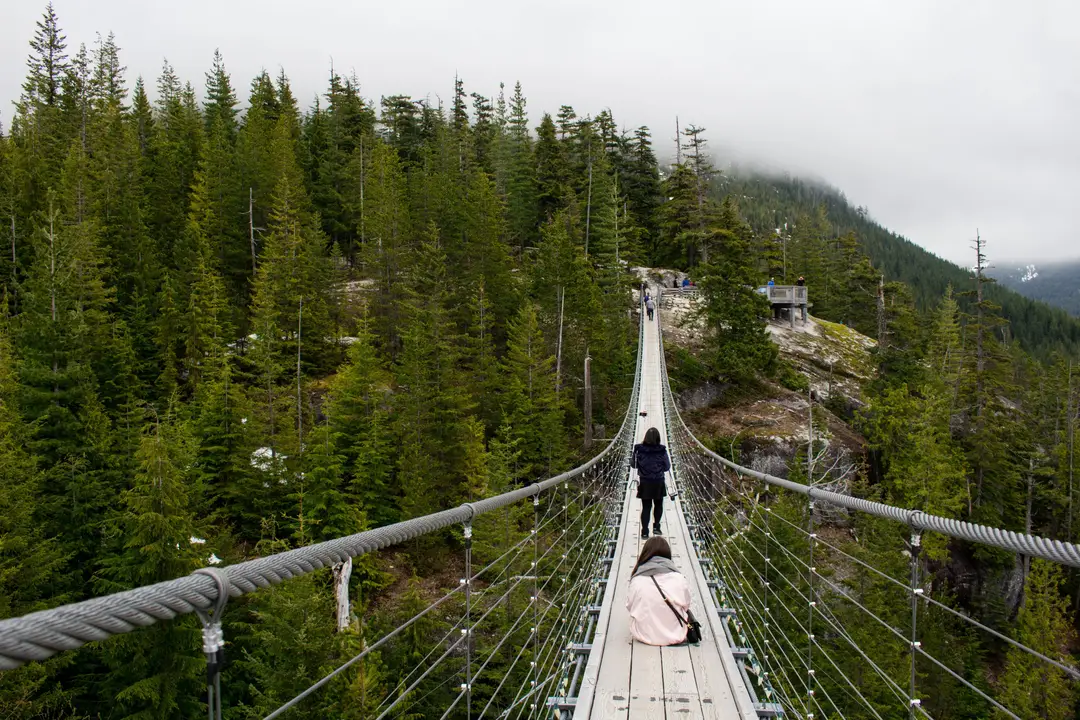 Une personne traverse le pont suspendu Sky Pilot, entouré de forêt, près de Squamish, en Colombie-Britannique.