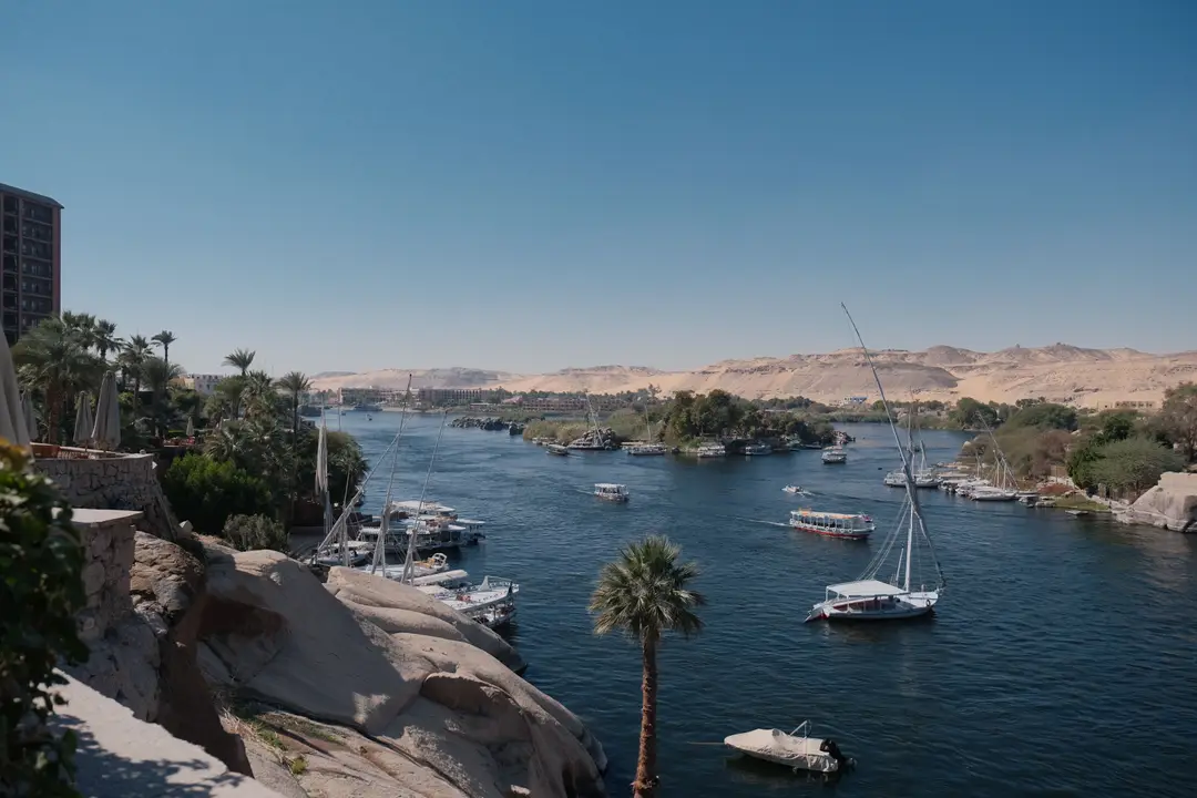 Une vue à couper le souffle sur le Nil, avec des bateaux et des palmiers sous un ciel bleu azur à Assouan, en Égypte