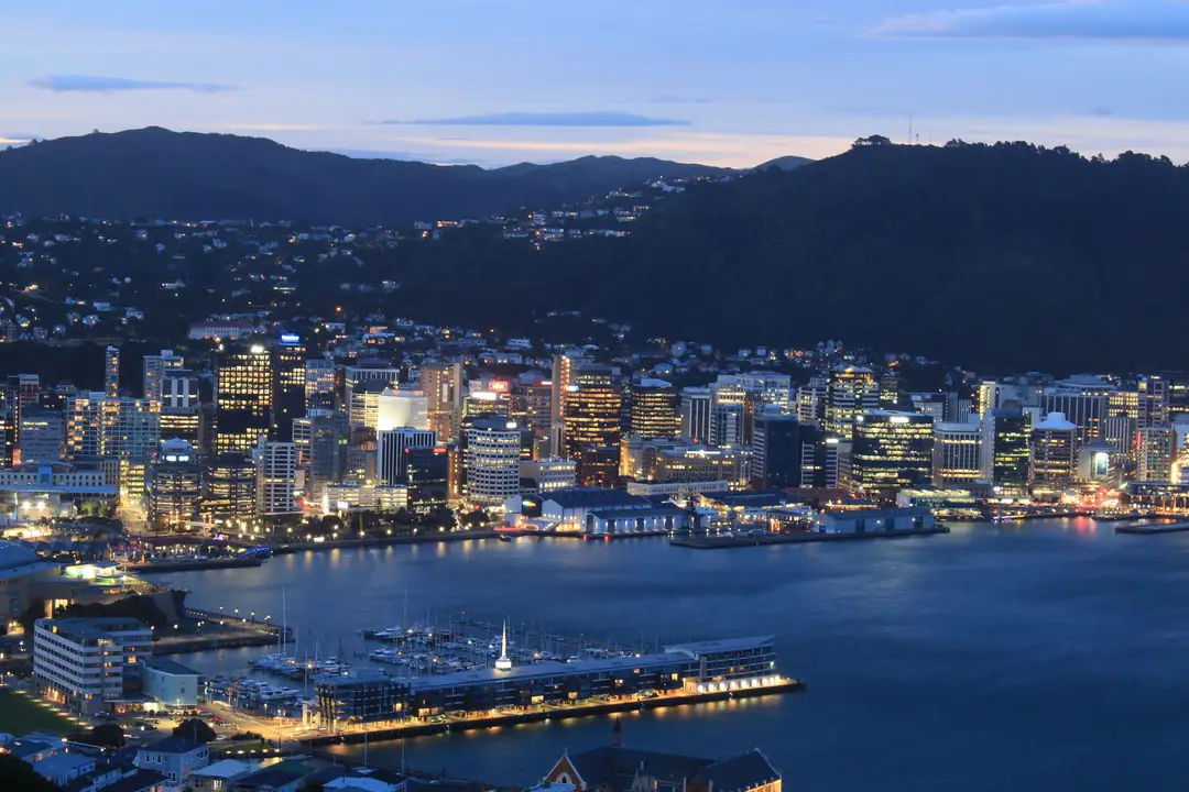 Une vue aérienne saisissante du skyline de Wellington en soirée