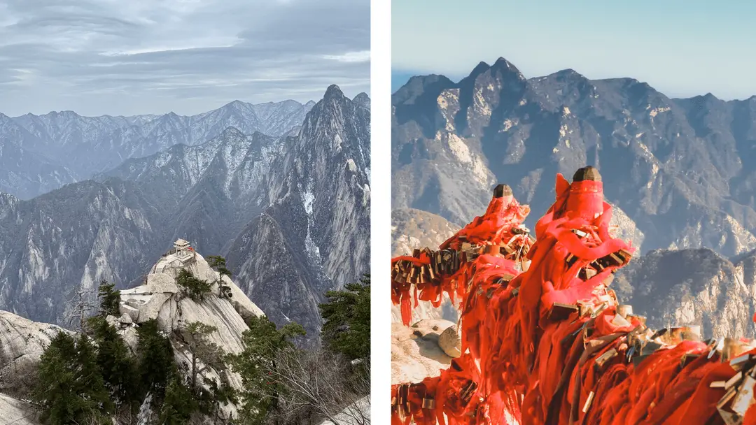 Une vue des sommets escarpés de la montagne Huashan, Shaanxi, Chine, avec un temple au sommet..png