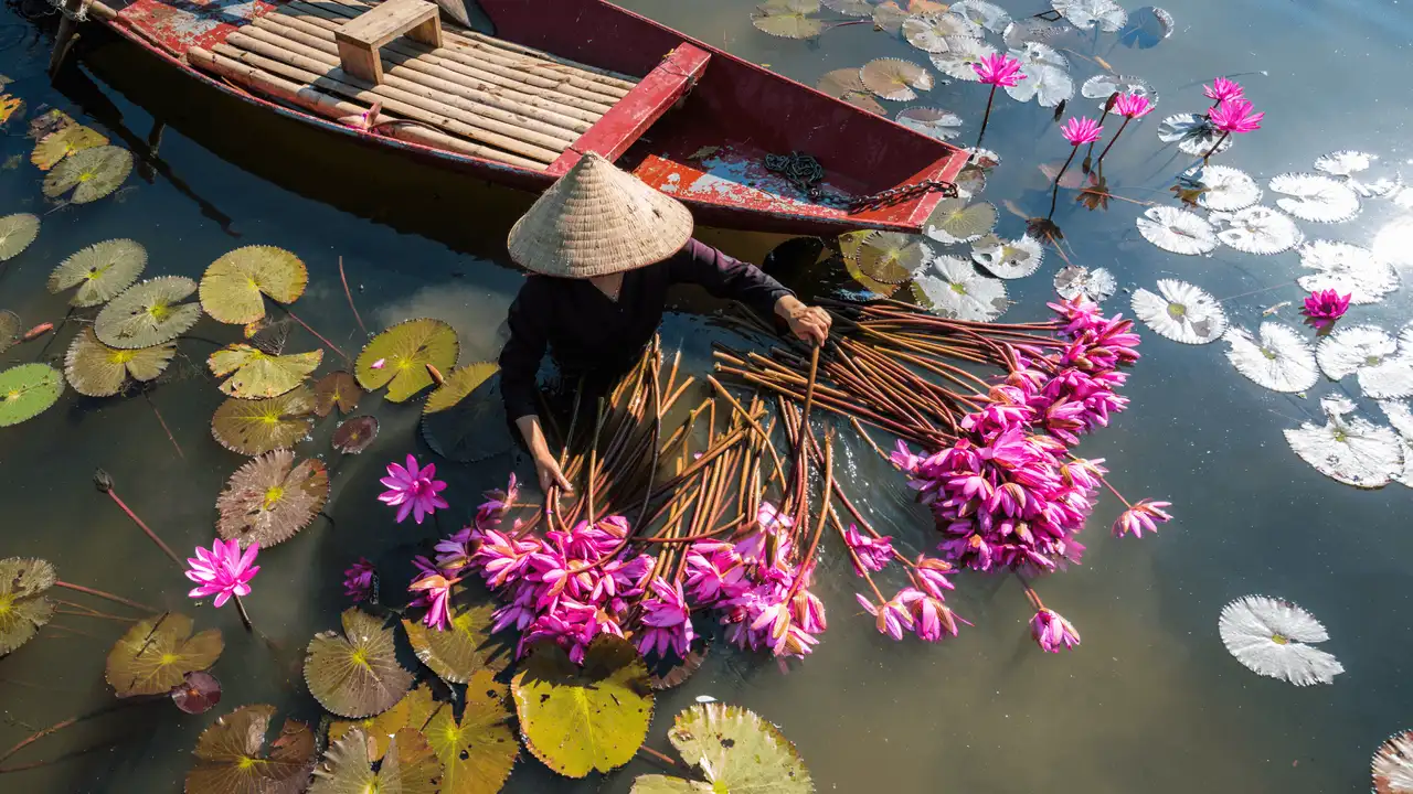 Voyage en Asie – Une femme en chapeau conique récolte des fleurs de lotus roses sur une barque au Vietnam.