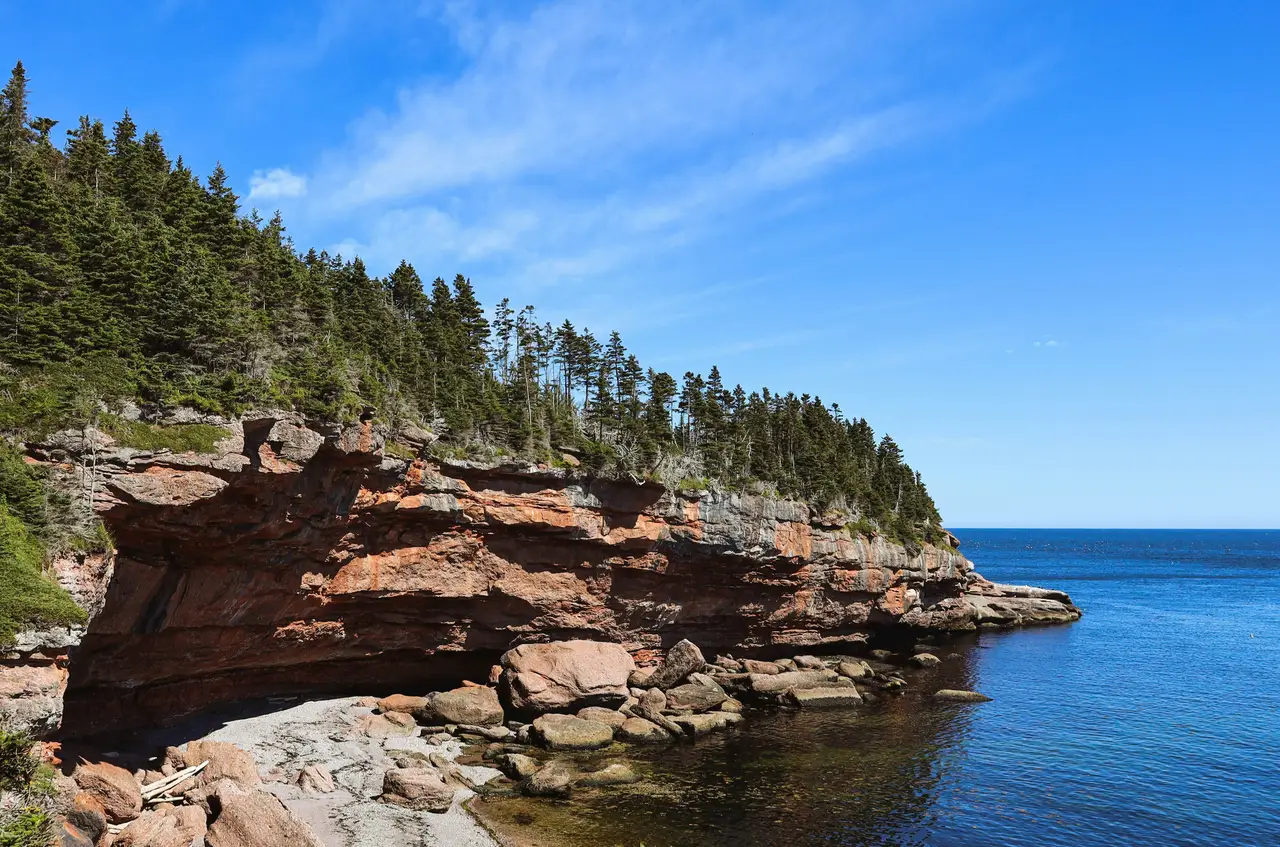 Falaises de roche rougeâtre recouvertes d'une forêt de conifères plongeant dans les eaux bleues de la mer à Percé