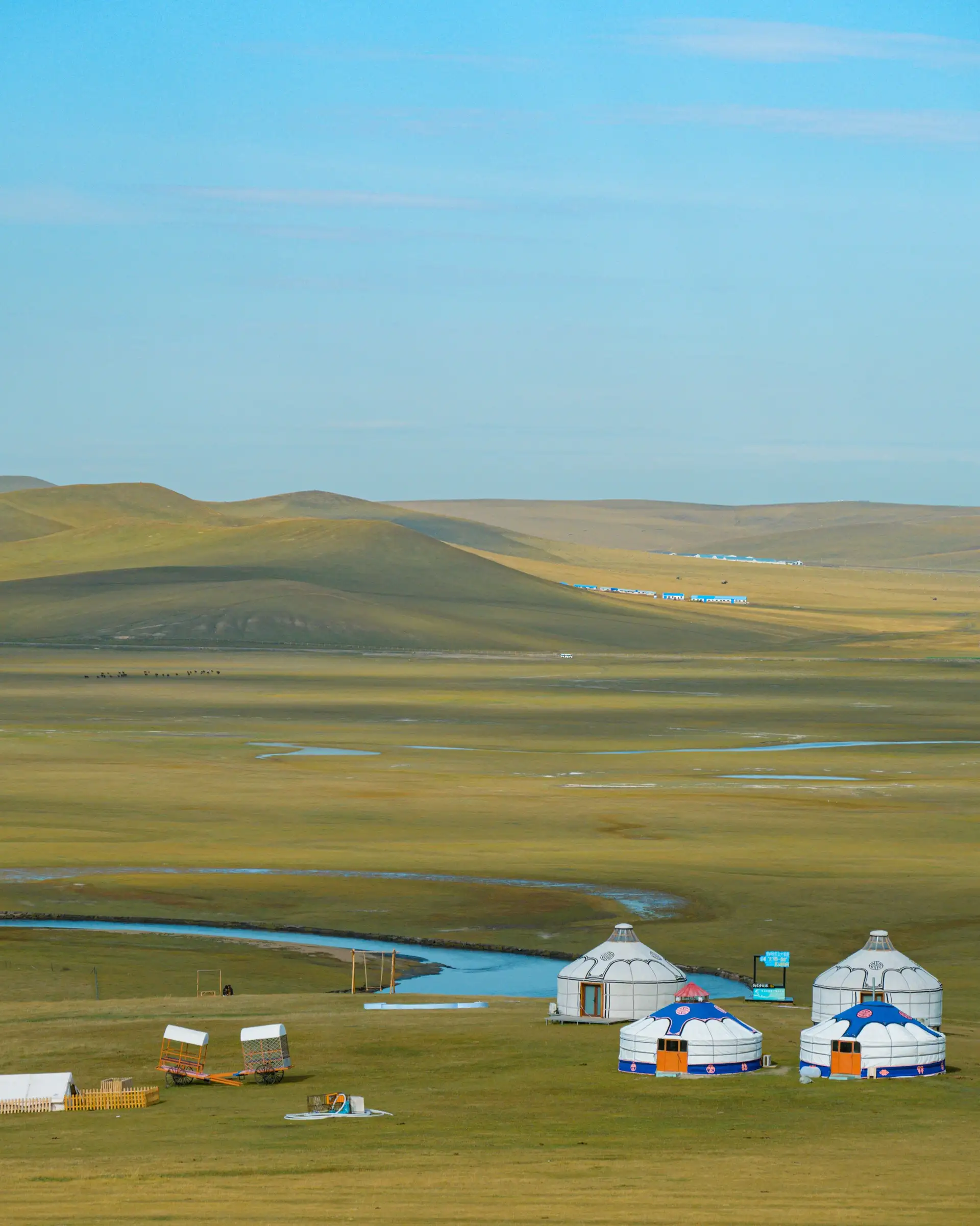 Quatre yourtes blanches sur une vaste plaine herbeuse en Mongolie