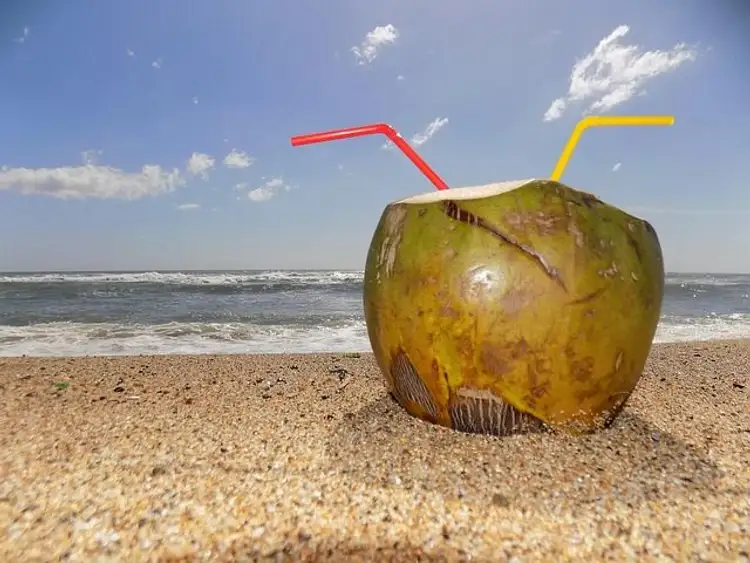 Voyage en Asie — Noix de coco fraîche posée sur une plage de Bali, avec sable fin et mer turquoise en arrière-plan.