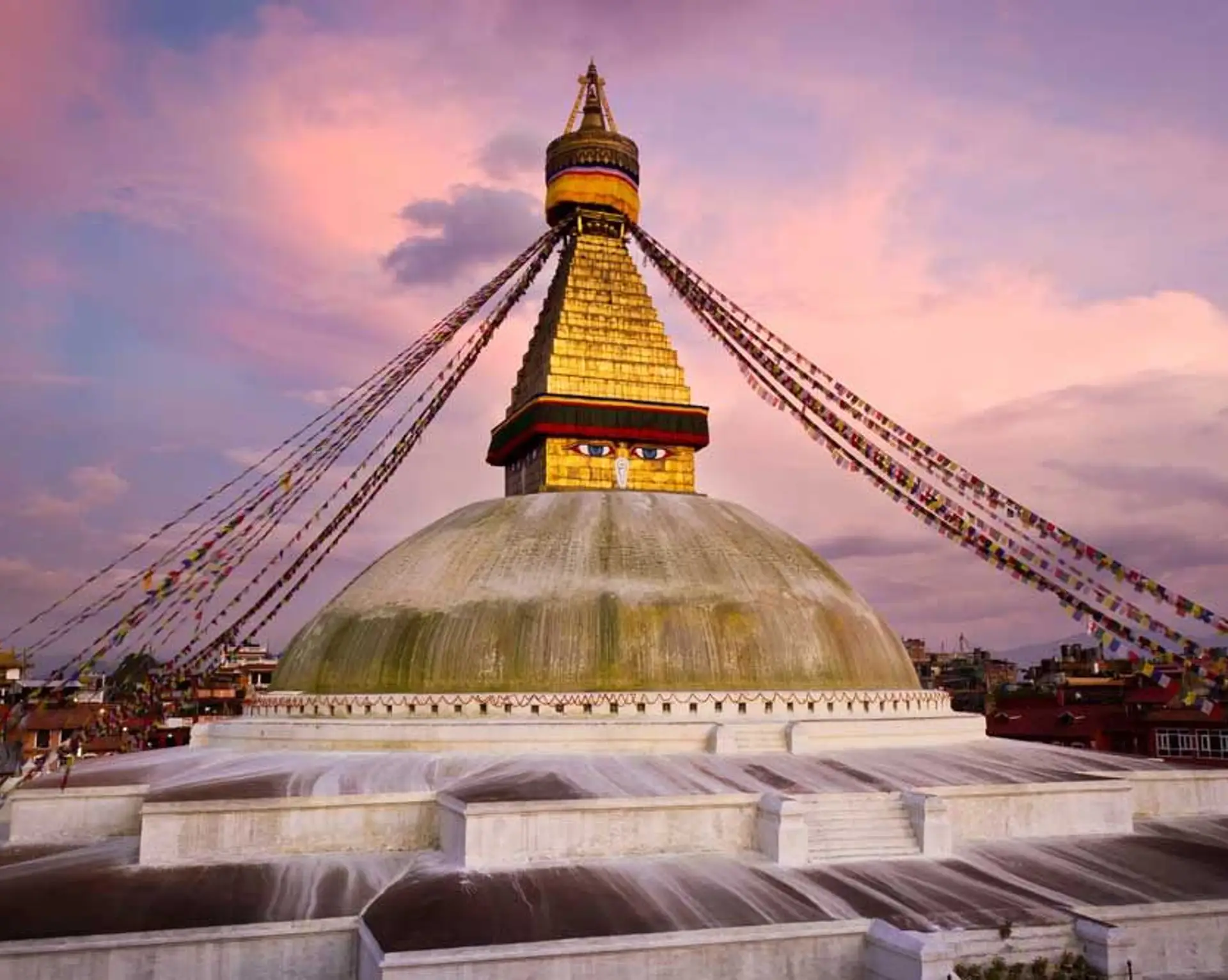 Travel in Asia - The Boudhanath Stupa in Kathmandu, Nepal at sunset