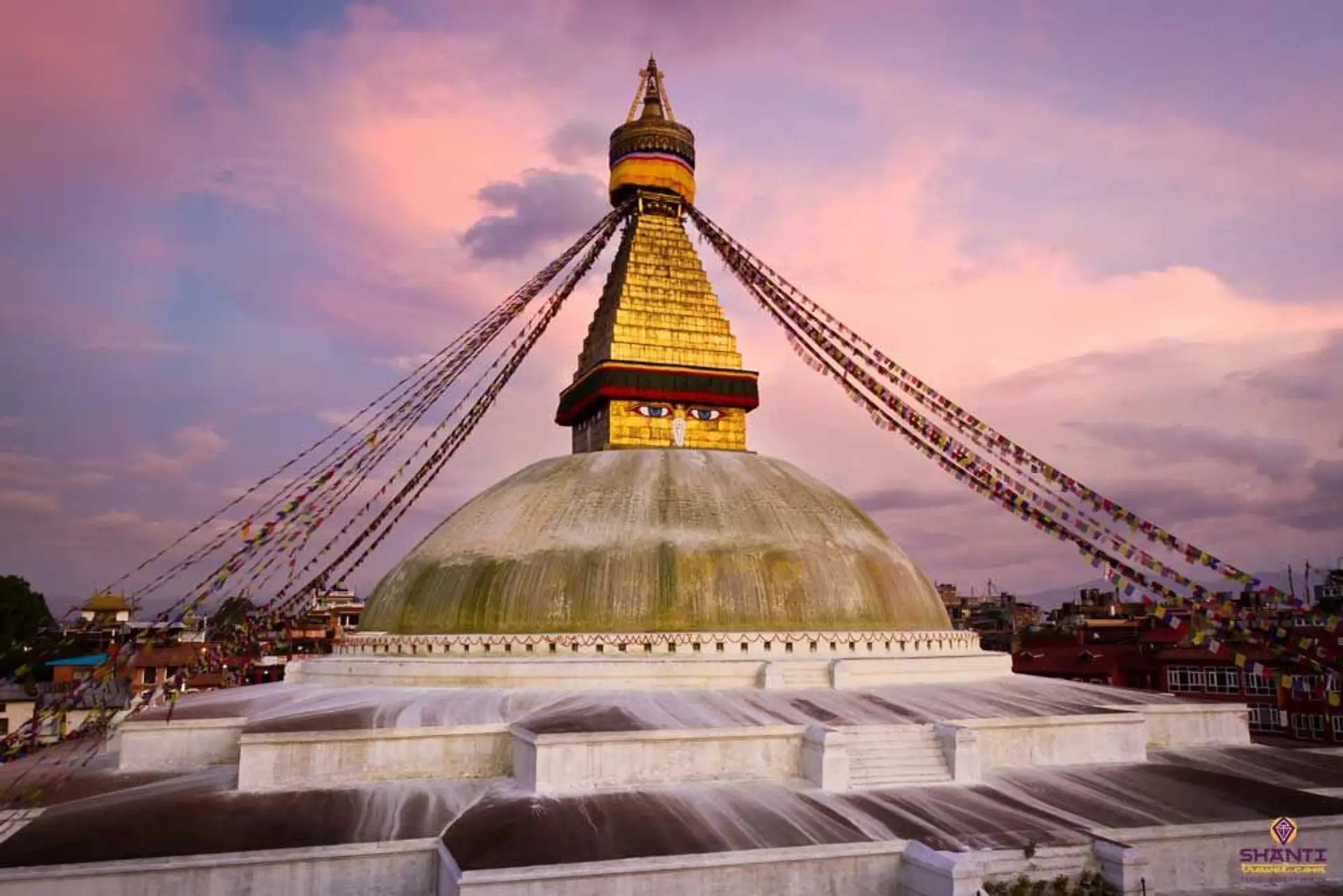 Travel in Asia - The Boudhanath Stupa in Kathmandu, Nepal at sunset