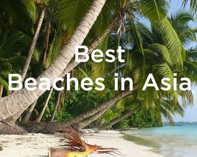 Travel in Asia - A tropical white-sand beach with palm trees, overlaid with the text "Best Beaches in Asia"