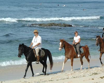 Travel in Asia - People riding horses on the beach of Lombok Island, Indonesia