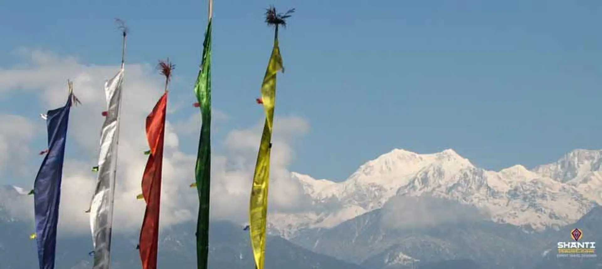 Travel in Asia - Prayer flags fluttering in the wind with the Kanchenjunga range in the background