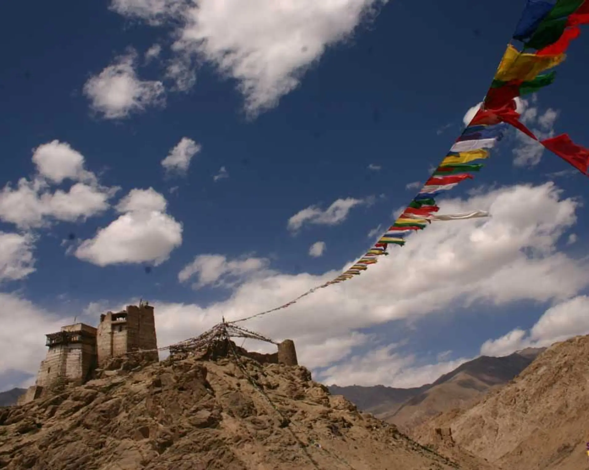 Travel in Asia - Prayer flags blowing in the wind at the Leh Palace in Ladakh, India