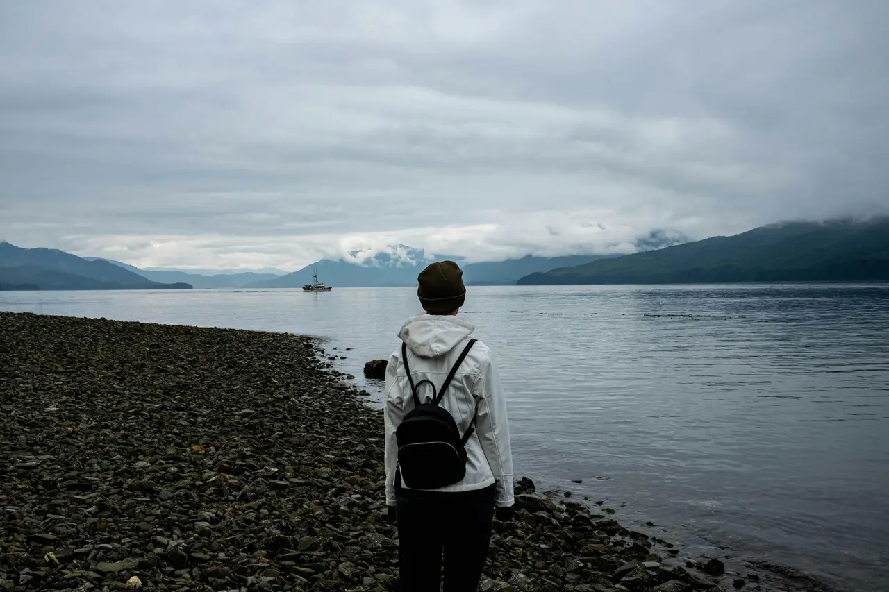 Voyageur de dos contemplant les eaux calmes d'une baie et les montagnes côtières sous un ciel couvert entre Homer et Anchorage