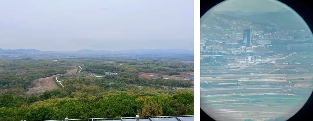 Voyage en Corée du Sud - Les plateformes d'observation de la DMZ permettent d'utiliser des longues vues pour apercevoir les paysages et une ville de Corée du Nord, créant un moment fort en émotion.