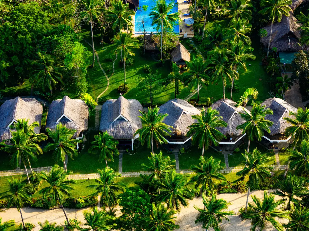 Voyage aux Philippines — cottages en bambou au milieu des cocotiers à Palawan
