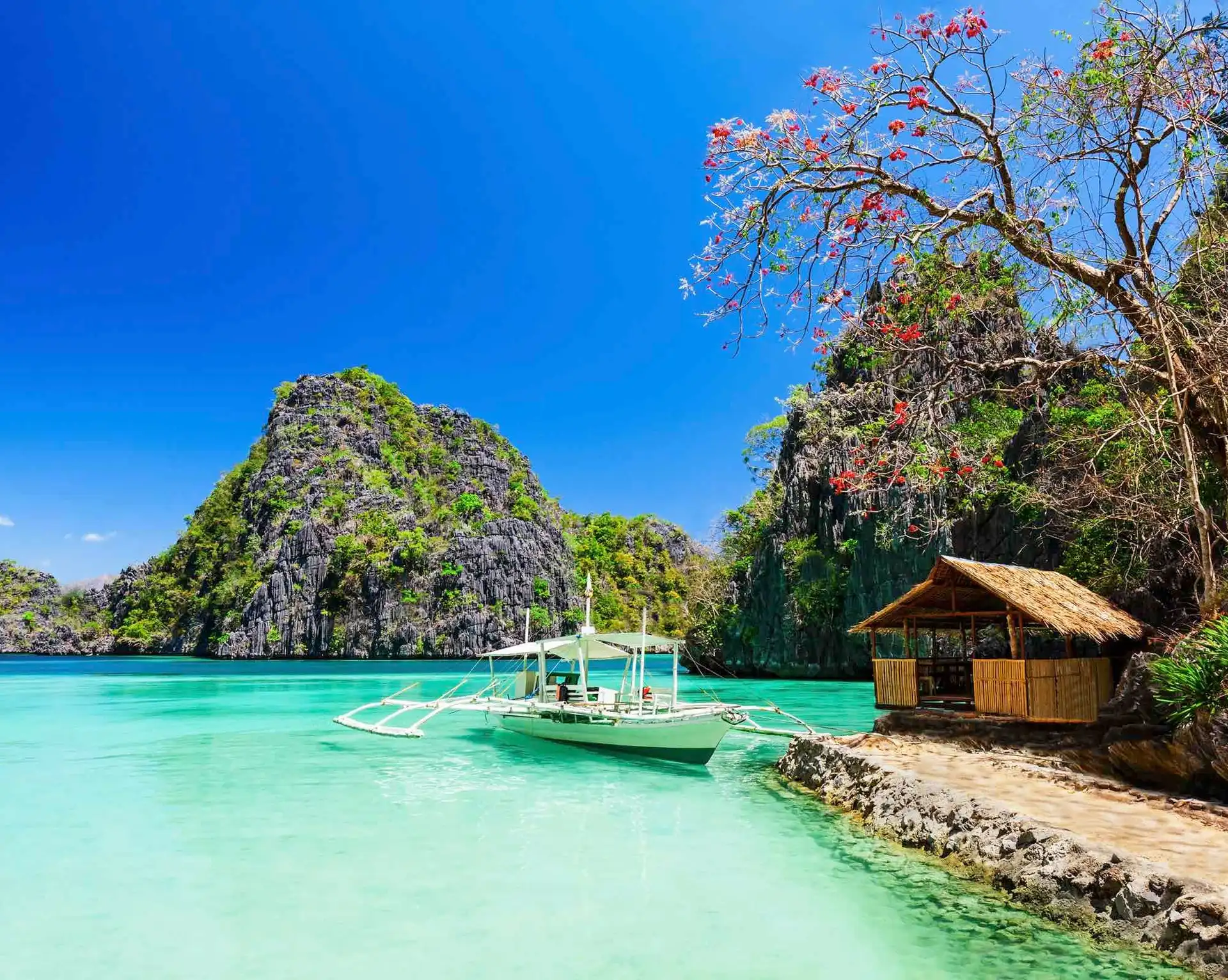 Paysage tropical préservé aux Philippines avec formations rocheuses verdoyantes, eau turquoise et pirogue traditionnelle.