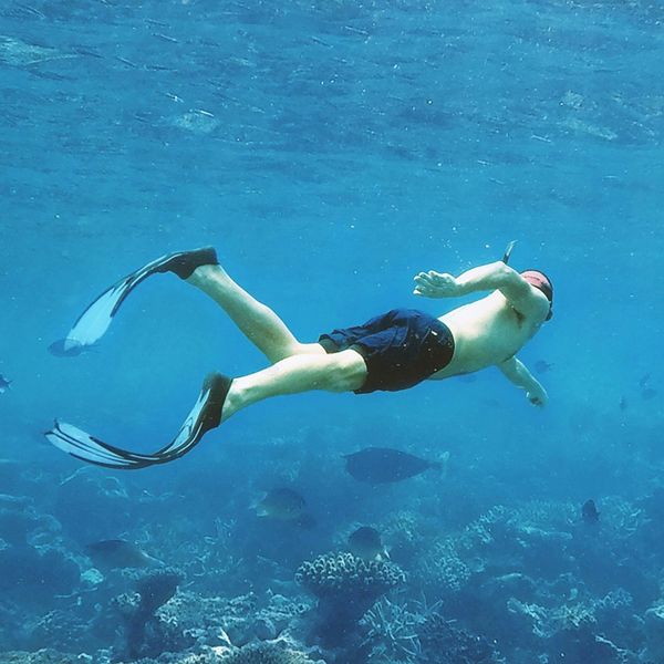 Un nageur équipé de palmes, d'un masque et d'un tuba explore les récifs coralliens dans les eaux profondes d'Hurghada