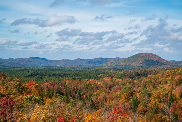 Panoramique sur une vaste forêt aux couleurs d'automne et collines ondulées sous un ciel nuageux au Mont-Tremblant