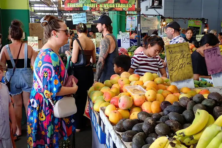 Étal de mangues et d'avocats frais au marché animé de Cairns