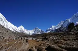 Panorama sur les sommets enneigés de la région de Gokyo et de l'Everest au Népal sous un ciel bleu dégagé.