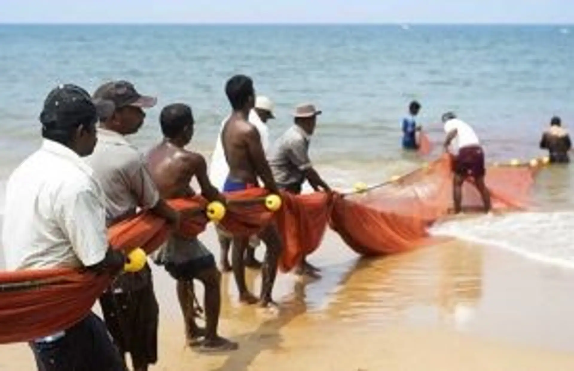 Travel in Asia - A group of fishermen in Sri Lanka doing traditional beach seine fishing