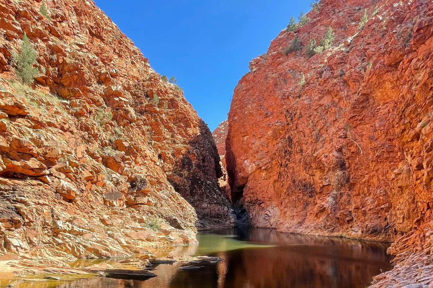 Falaises ocre surplombant les eaux calmes de Simspons Gap