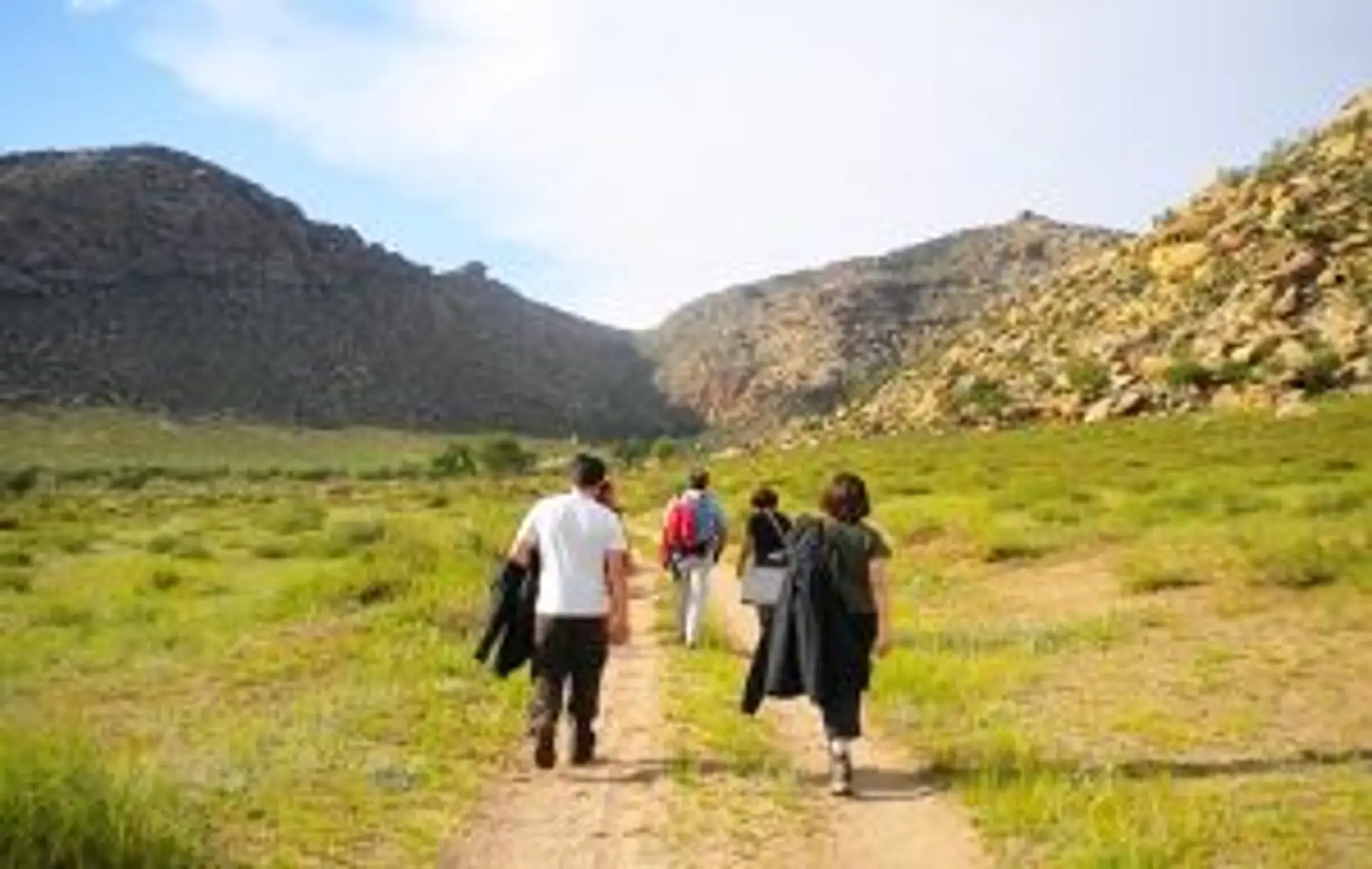 Voyage en Mongolie — Un groupe de voyageurs marchant sur un sentier dans une vallée verdoyante et sauvage.