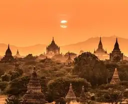 Travel in Asia - Sunset over the temple spires of the city of Bagan, Myanmar