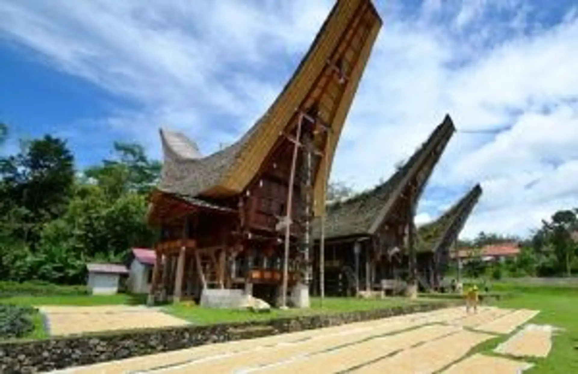 Hébergement en Indonésie — Maisons traditionnelles Tongkonan en pays Toraja avec leurs toits en forme de coque de bateau.