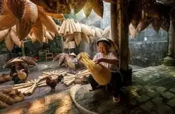 Travel Asia - A person weaving a fish trap indoors in Vietnam