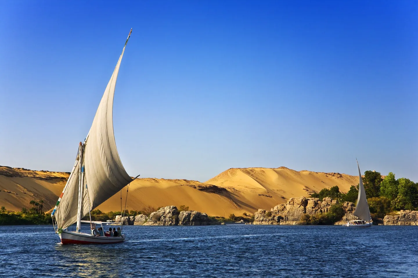 Voyage en Egypte - Deux felouques naviguent sur le Nil bordé de dunes dorées