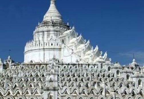 Travel in Asia - White stone temple structures of the Hsinbyume Pagoda in Myanmar