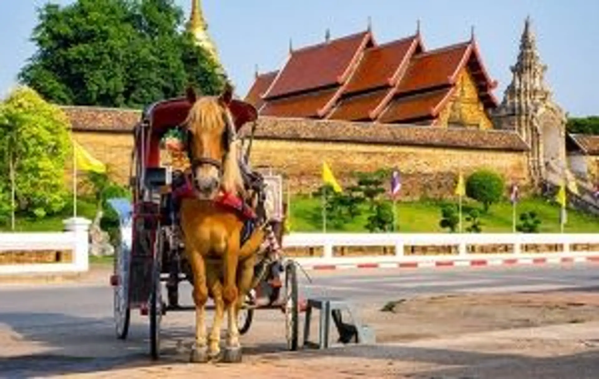 Calèche traditionnelle devant un temple bouddhiste sous un ciel bleu en Thaïlande