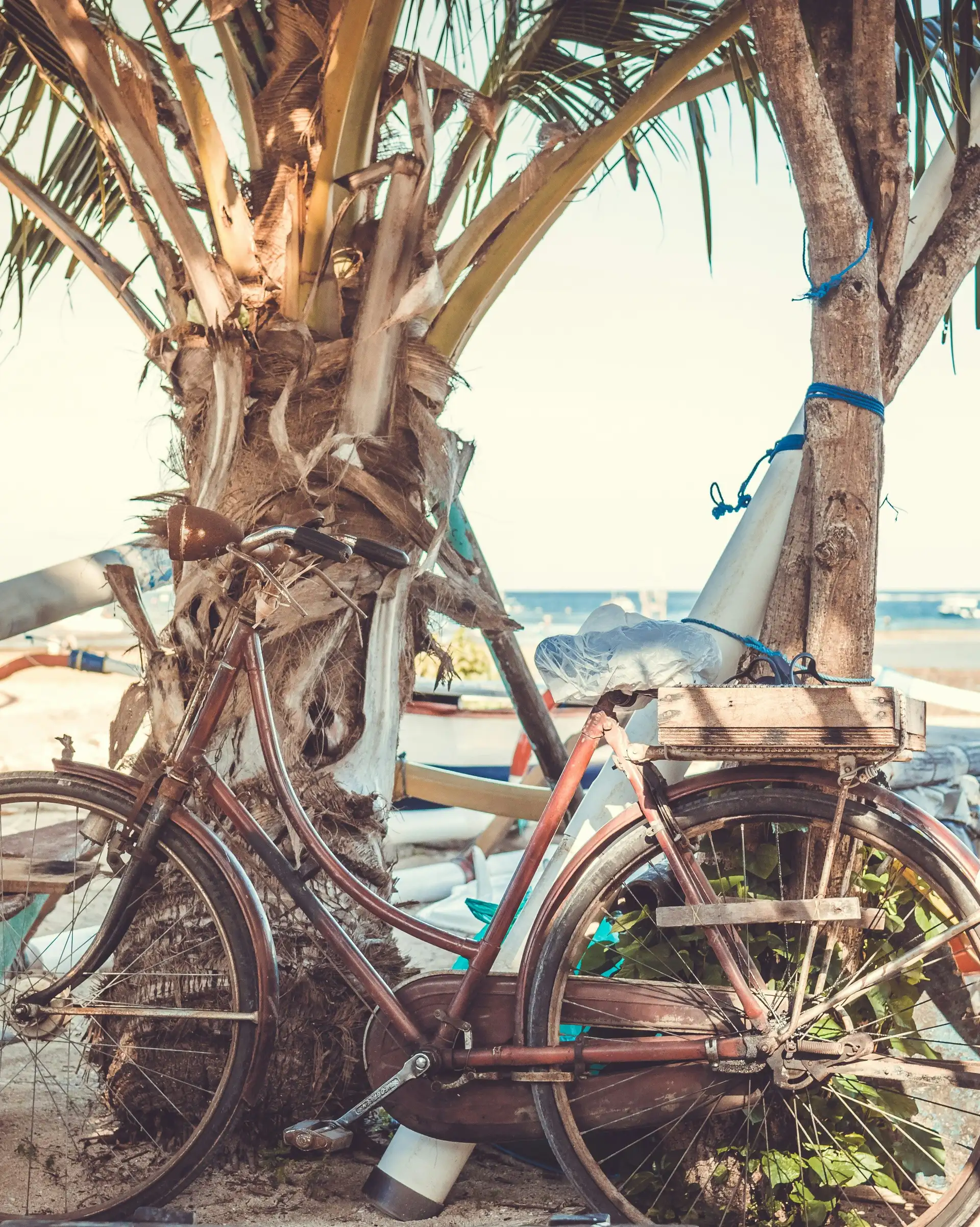 Une bicyclette traditionnelle appuyée contre un tronc de cocotier sur une plage bordée de pirogues locales à Bali.