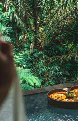 Voyage en Asie — Petit-déjeuner flottant dans une piscine nichée au cœur de la jungle de Bali, une expérience ressourçante conçue avec notre expertise locale — Shanti Travel