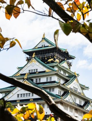 Travel in Asia - Osaka Castle seen through the branches of a tree with changing fall colors