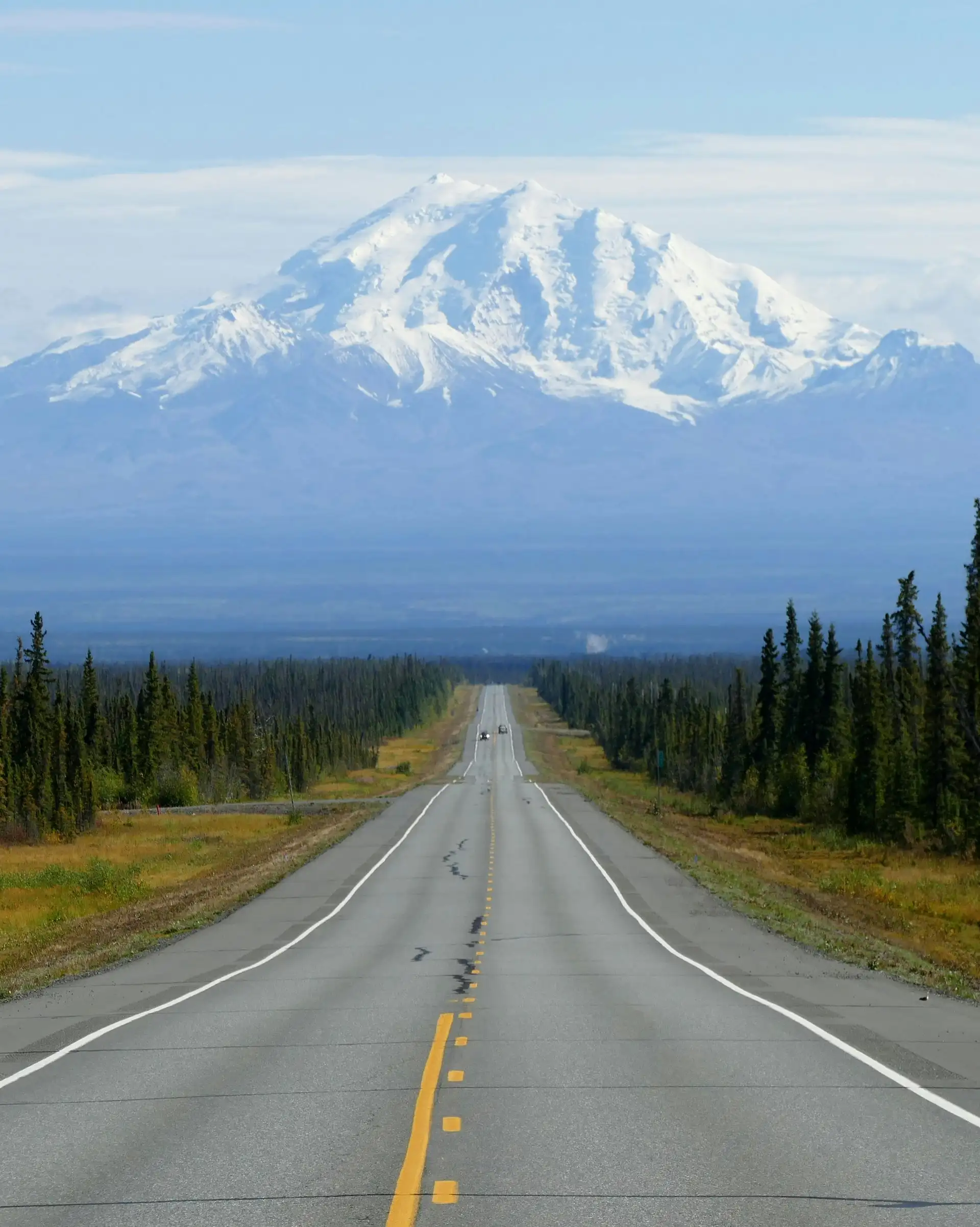 Route rectiligne traversant une forêt boréale de conifères vers un imposant volcan ou sommet enneigé sous un ciel clair en Alaska