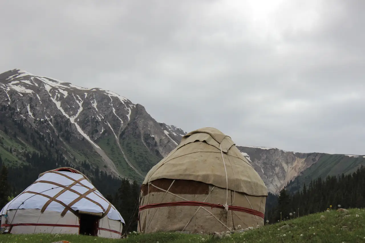 Voyage au Kirghizistan - 2 yourtes traditionnelles devant des sommets enneigés