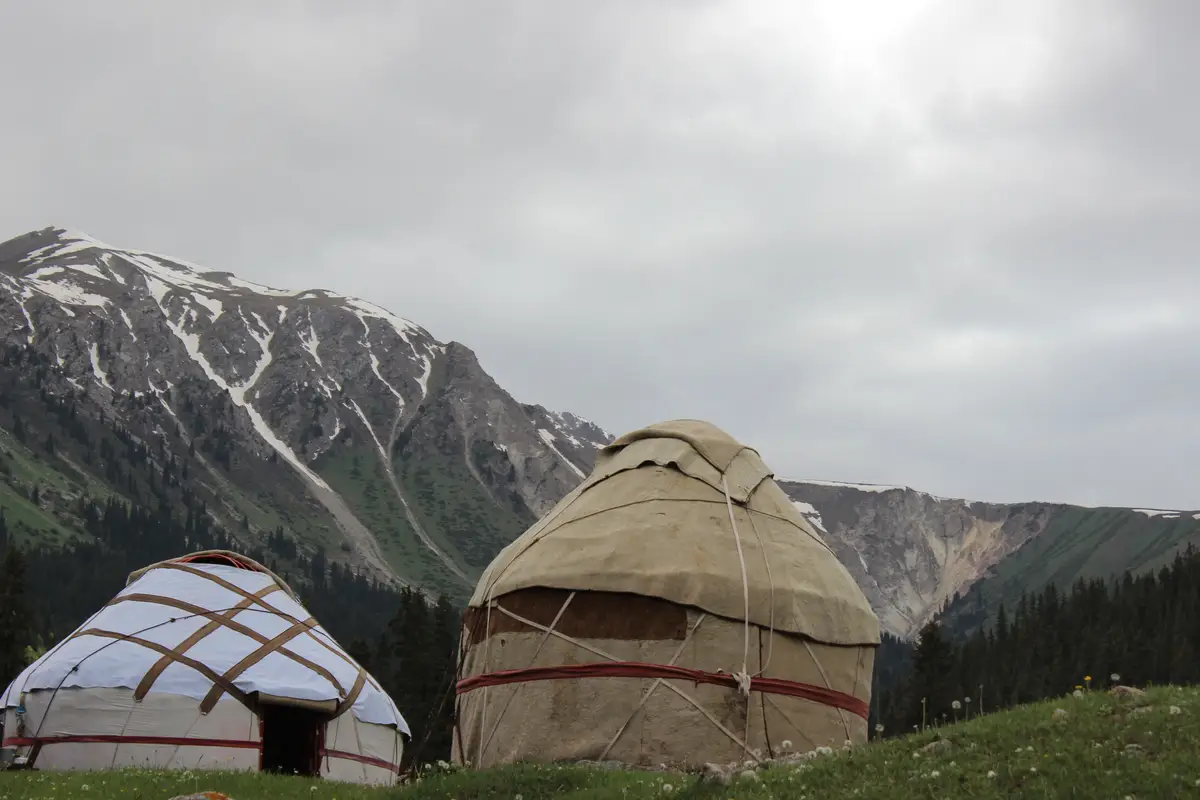 Voyage au Kirghizistan - 2 yourtes traditionnelles devant des sommets enneigés