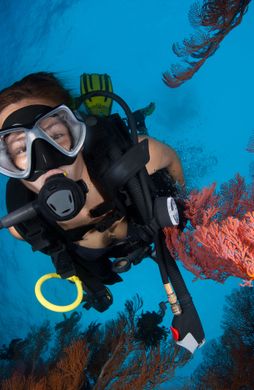 Voyage en Asie — plongeuse observant les coraux colorés au large de Bira dans le sud du Sulawesi, une immersion marine authentique guidée par notre expertise locale du voyage sur mesure — Shanti Travel