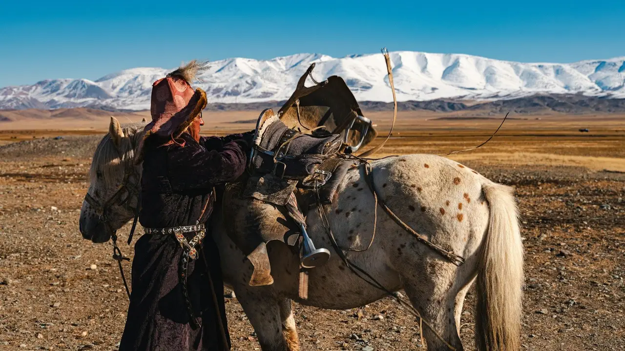Eleveur préparant son cheval au milieu de la steppe