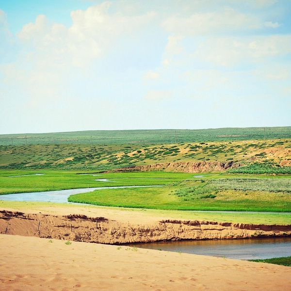 Rivière Muhartiin Gol entourée d'herbe verte