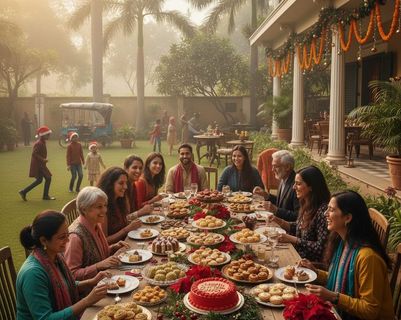 Scène de Noël à Delhi : lumières, douceurs et rencontres partagées entre la communauté francophone et Shanti Travel.