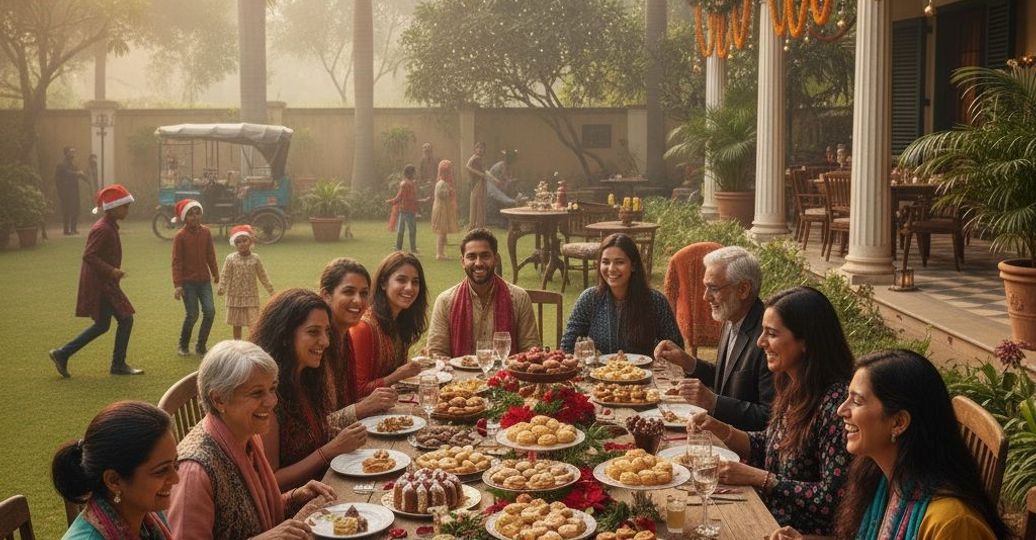 Scène de Noël à Delhi : lumières, douceurs et rencontres partagées entre la communauté francophone et Shanti Travel.