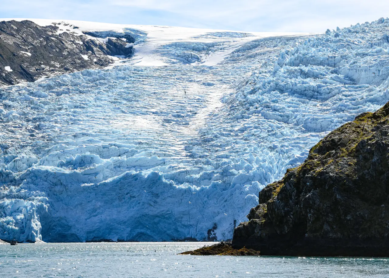 Front glaciaire aux nuances bleutées descendant des montagnes rocheuses vers les eaux de Valdez en Alaska