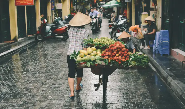 Voyage au Vietnam — Scène de rue à Hanoï avec un vendeur portant un Nón Lá poussant un chariot de fruits et légumes sur une rue pavée humide.
