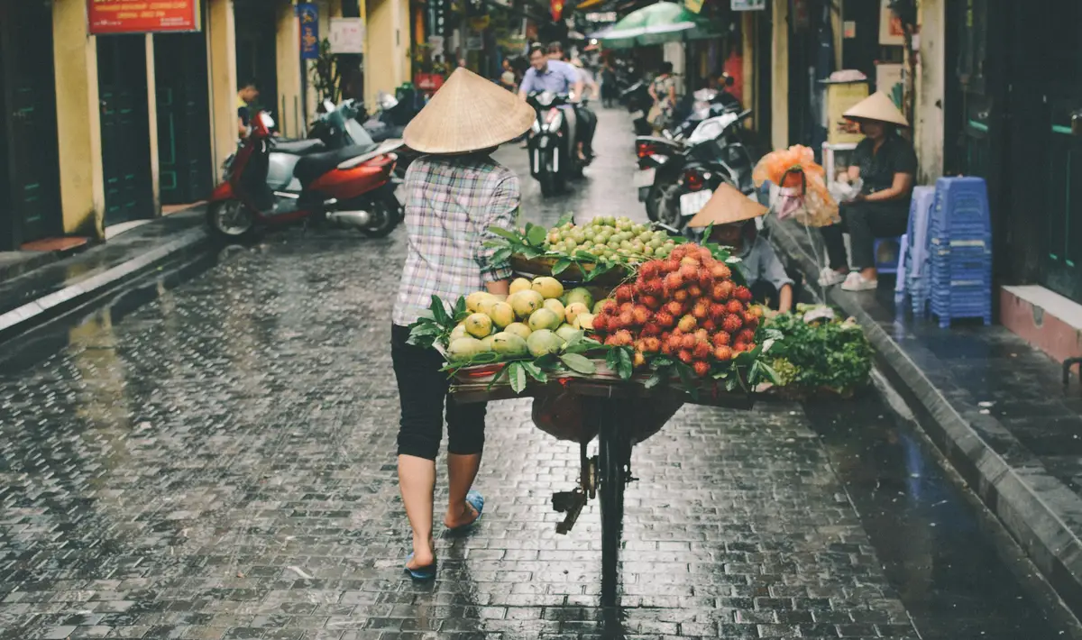 Voyage au Vietnam — Scène de rue à Hanoï avec un vendeur portant un Nón Lá poussant un chariot de fruits et légumes sur une rue pavée humide.