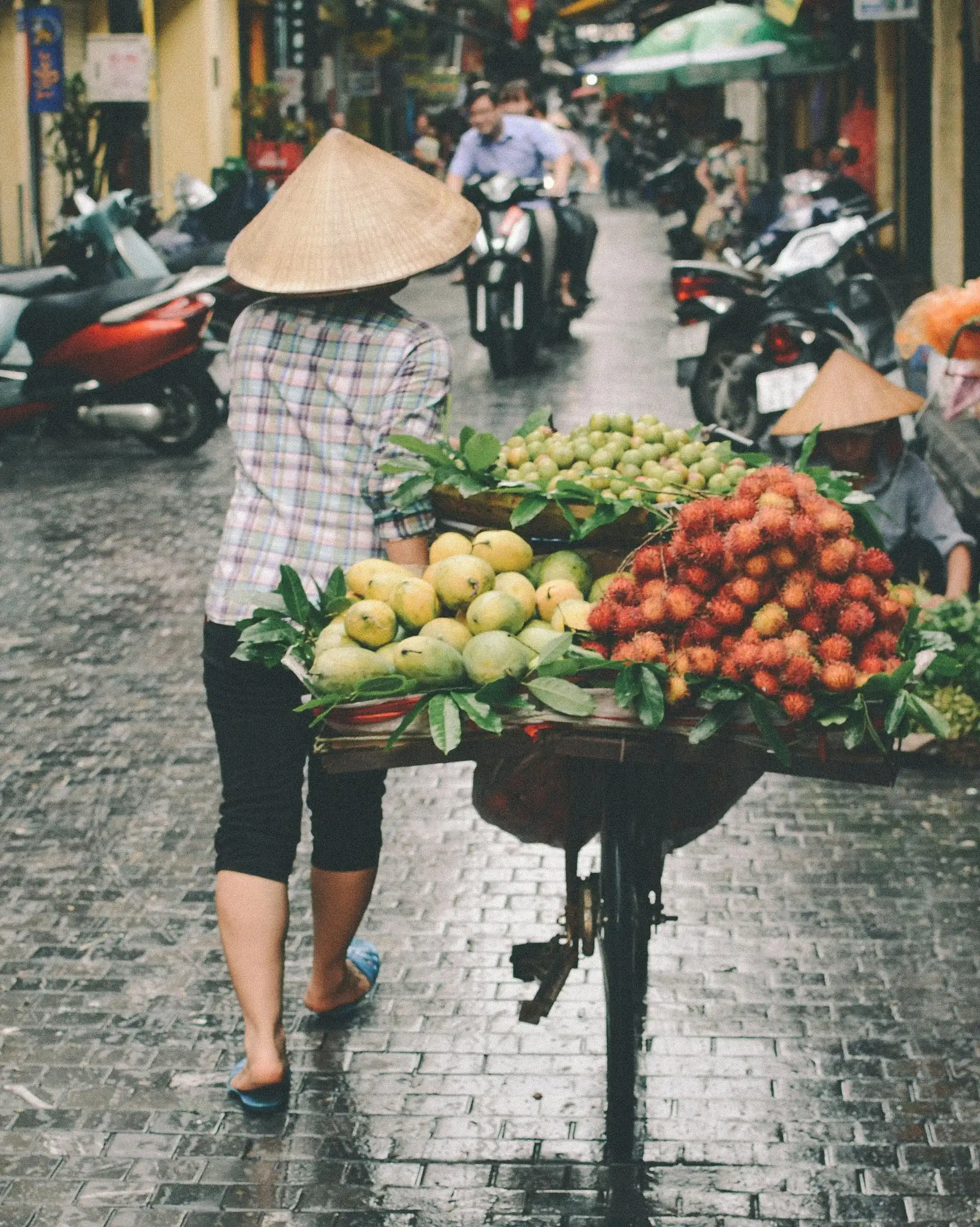 Voyage au Vietnam — Scène de rue à Hanoï avec un vendeur portant un Nón Lá poussant un chariot de fruits et légumes sur une rue pavée humide.