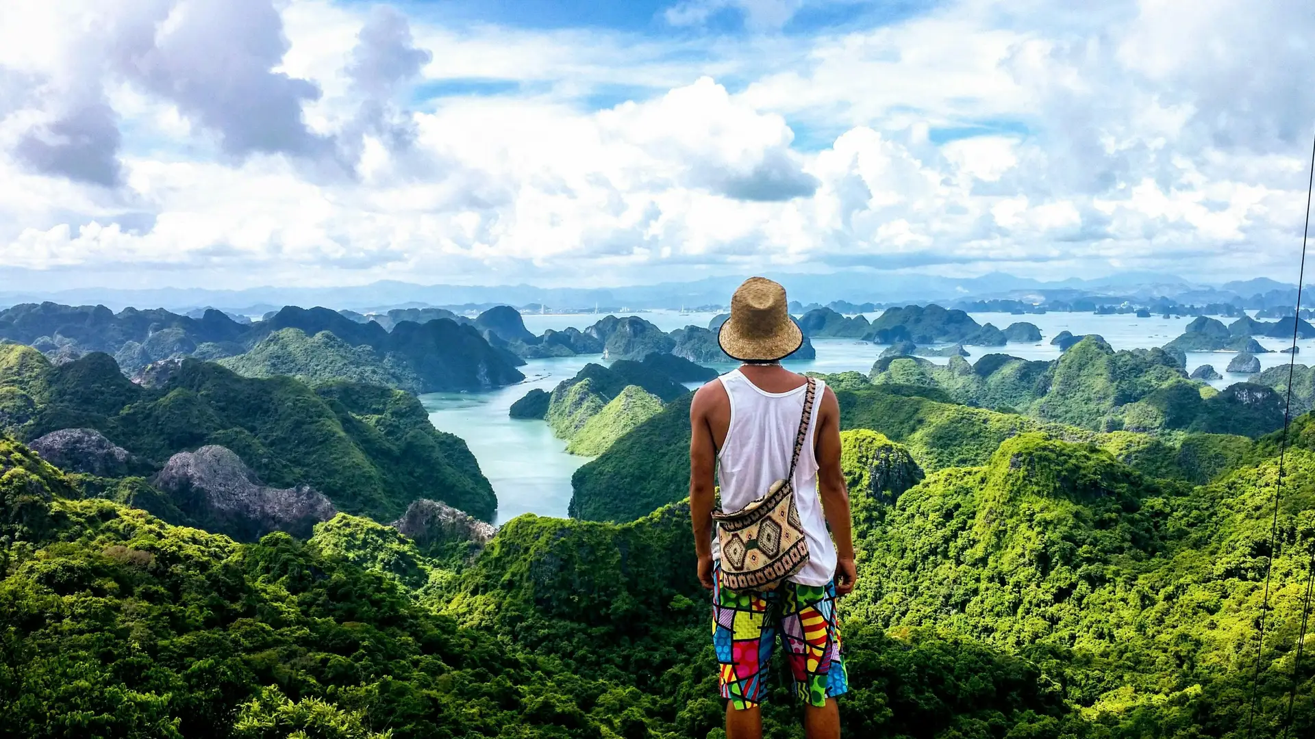 Voyageur contemplant le panorama des pitons karstiques de la baie de Lan Ha au Vietnam